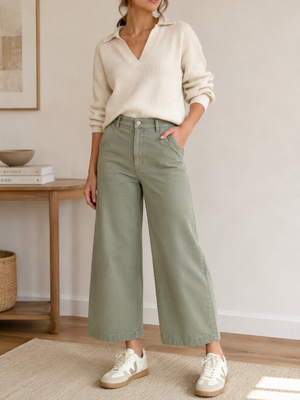 Everlane High Rise Wide Leg Crop Chino Pants Sage Green Size 8 - Picture 2 of 6